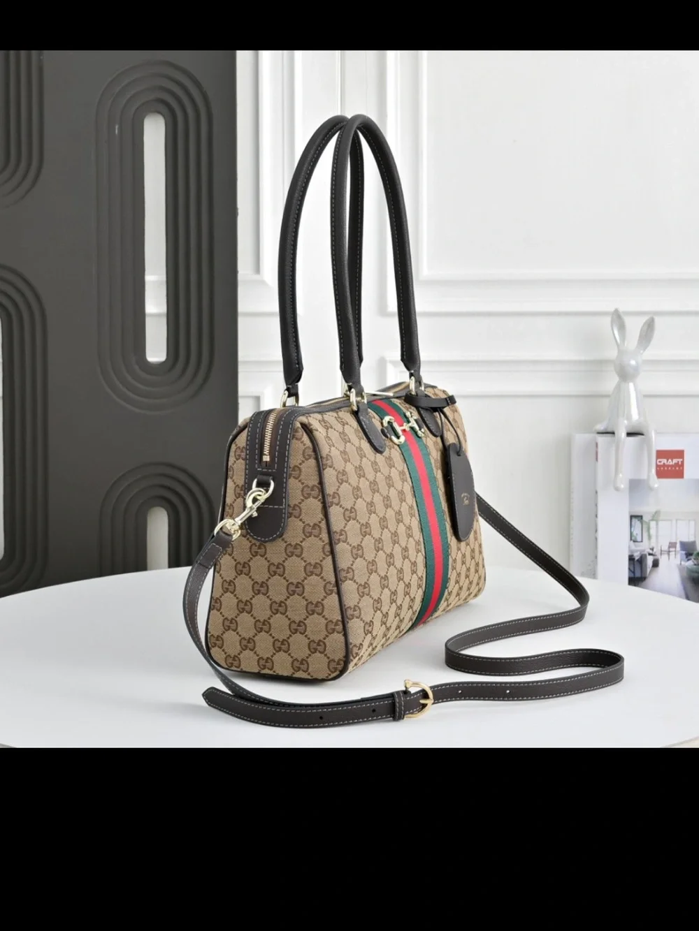 Gucci Beige GG Supreme Satchel with Green and Red Web Stripe